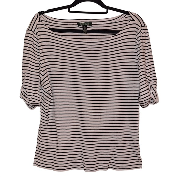 Lauren Ralph Lauren Tops - Lauren Ralph Lauren Striped Boat Neck‎ Top Black White Cotton XL Short Sleeve